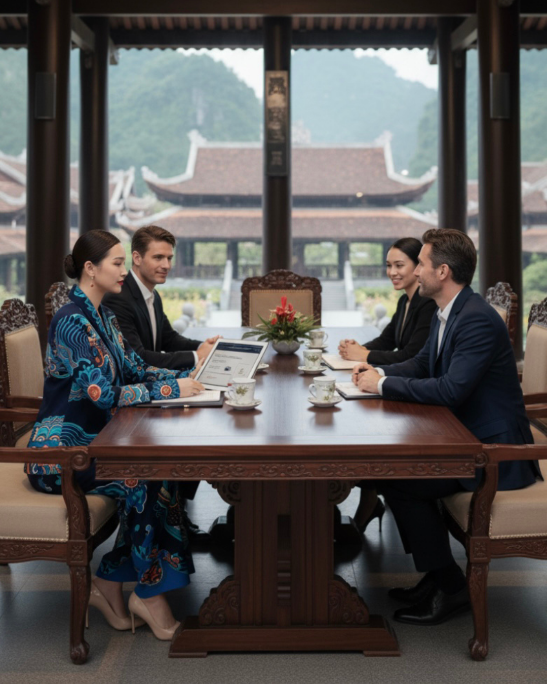 Bộ Vest Lụa / Họa tiết Hương Vân Long Mộng Xanh Lam Đậm