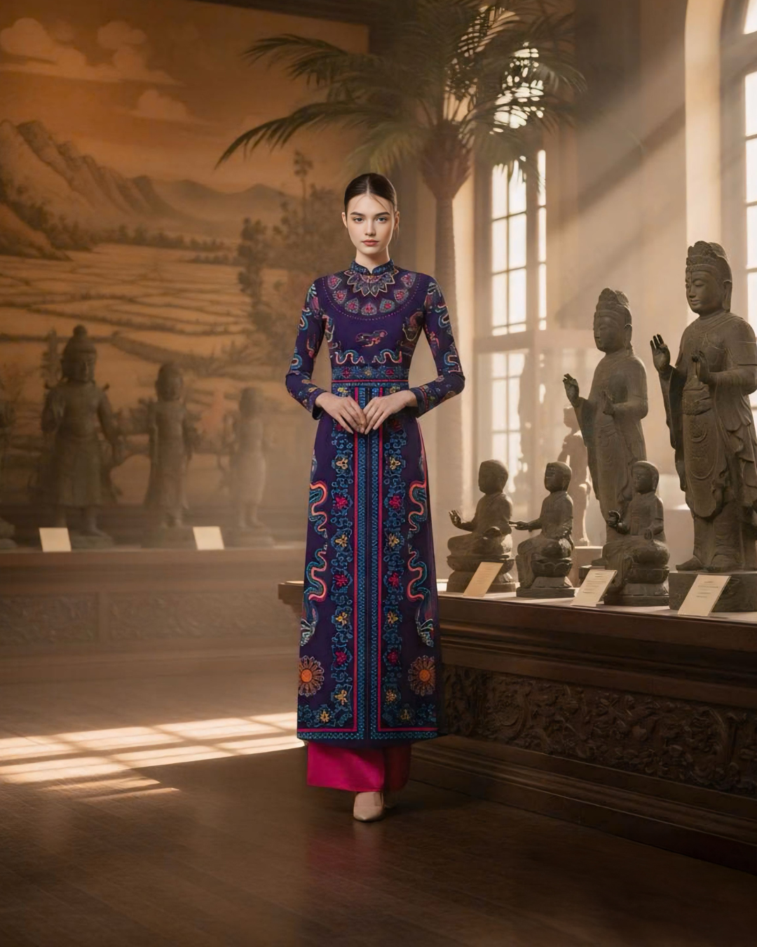 Áo Dài Lụa Truyền Thống / Hoạ tiết Phụng Vũ Vân Ca Tím