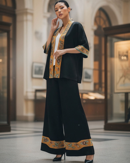 Bộ Lụa Kimono / Họa tiết Lụa Trơn Đen Vàng & Twilly Mây Hoạ Long Ân Vàng