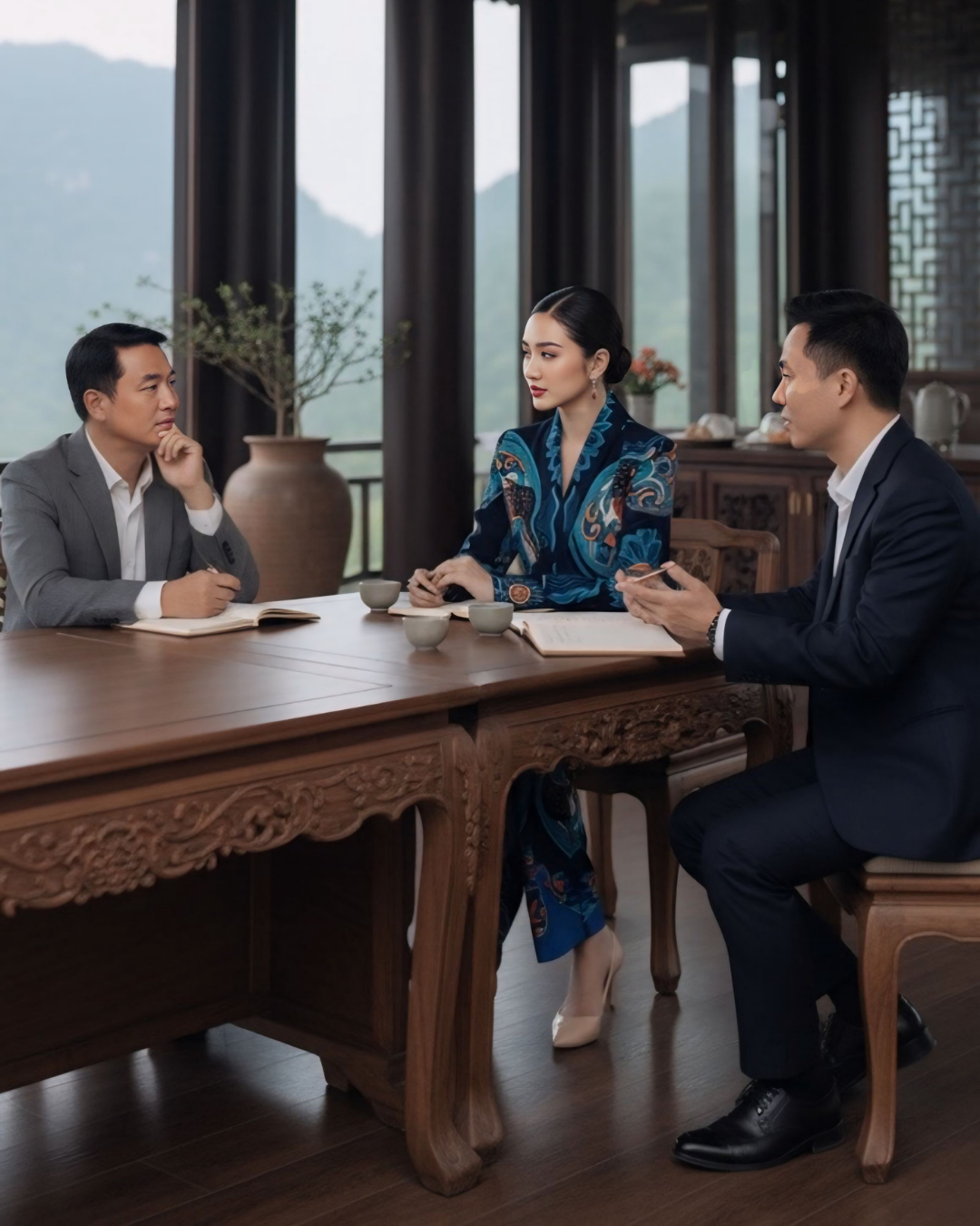 Bộ Vest Lụa / Họa tiết Hương Vân Long Mộng Xanh Lam Đậm