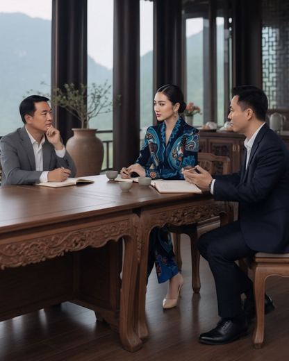 Bộ Vest Lụa / Họa tiết Hương Vân Long Mộng Xanh Lam Đậm