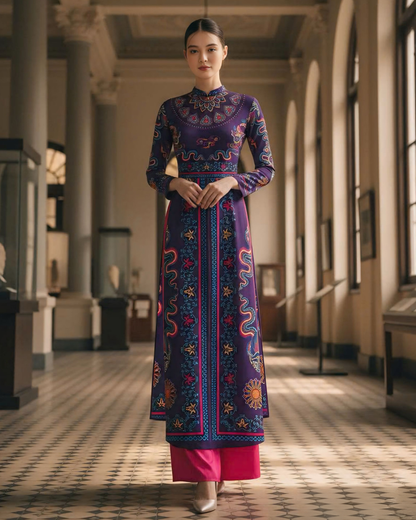 Áo Dài Lụa Truyền Thống / Hoạ tiết Phụng Vũ Vân Ca Tím