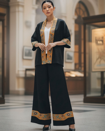 Bộ Lụa Kimono / Họa tiết Lụa Trơn Đen Vàng & Twilly Mây Hoạ Long Ân Vàng