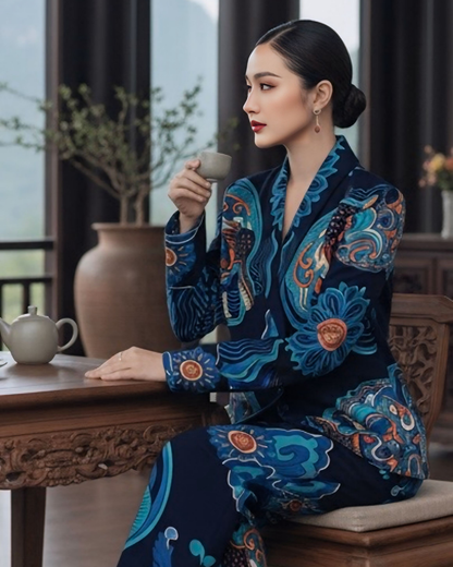 Bộ Vest Lụa / Họa tiết Hương Vân Long Mộng Xanh Lam Đậm