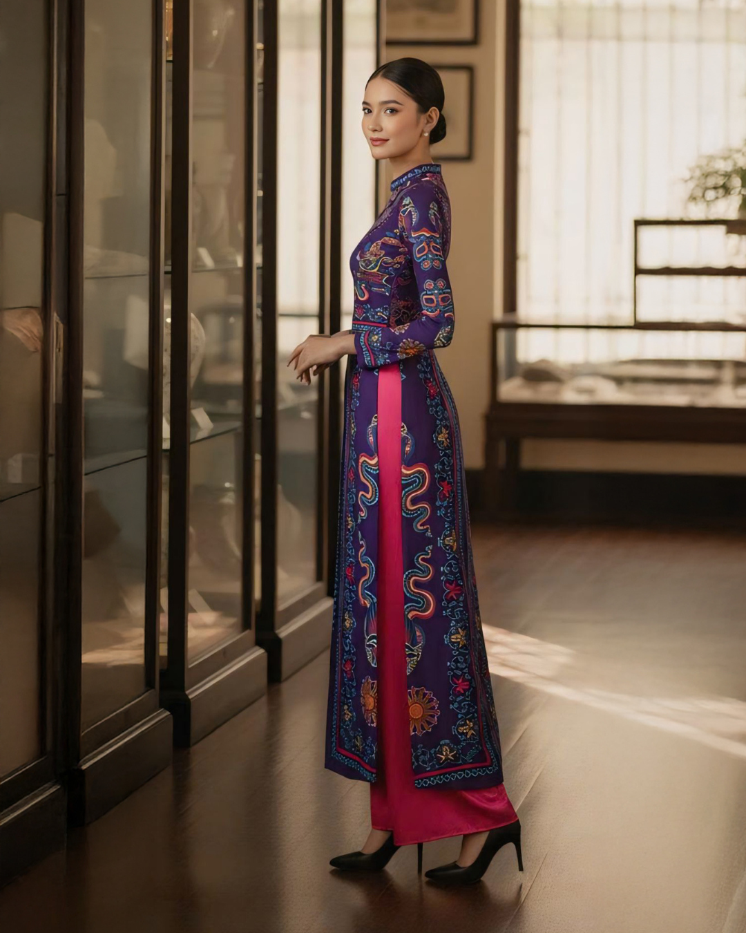 Áo Dài Lụa Truyền Thống / Hoạ tiết Phụng Vũ Vân Ca Tím