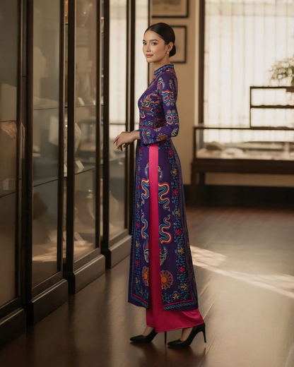 Áo Dài Lụa Truyền Thống / Hoạ tiết Phụng Vũ Vân Ca Tím