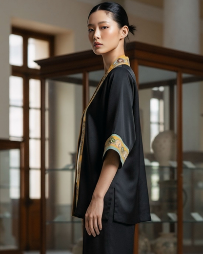 Bộ Lụa Kimono / Họa tiết Lụa Trơn Đen Vàng & Twilly Mây Hoạ Long Ân Vàng
