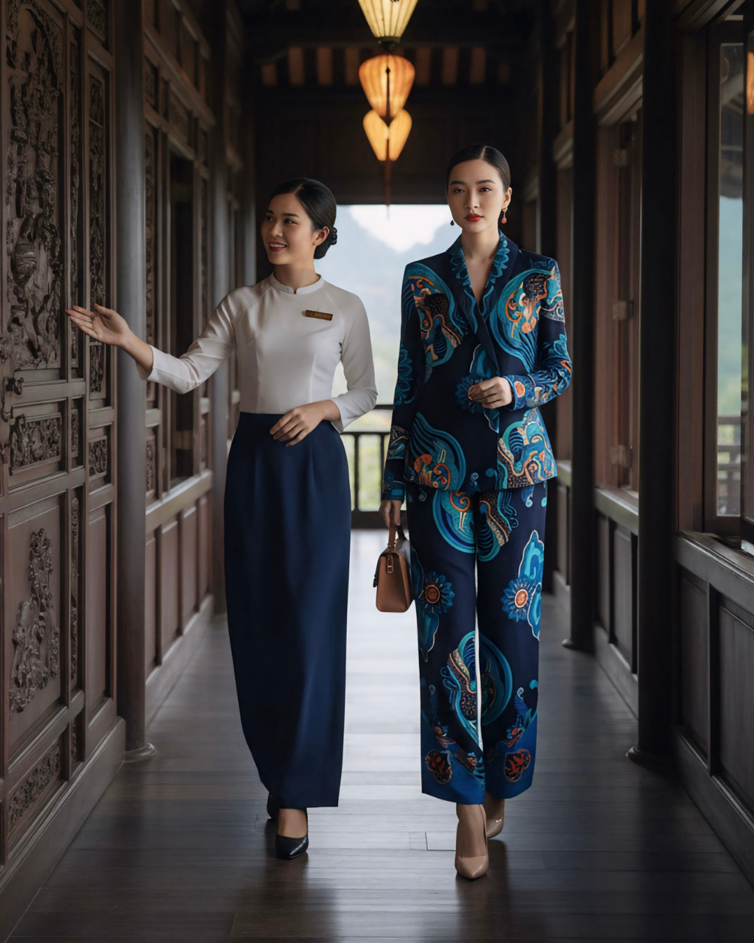 Bộ Vest Lụa / Họa tiết Hương Vân Long Mộng Xanh Lam Đậm