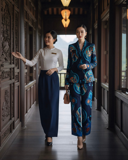 Bộ Vest Lụa / Họa tiết Hương Vân Long Mộng Xanh Lam Đậm