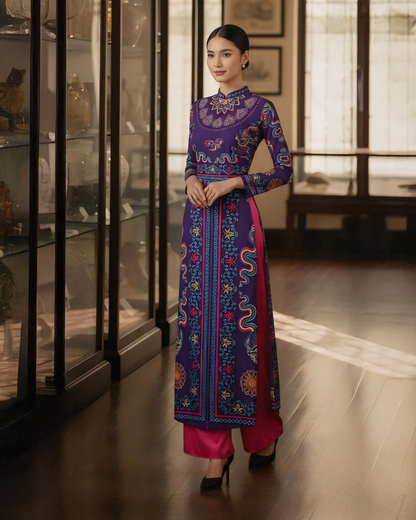 Áo Dài Lụa Truyền Thống / Hoạ tiết Phụng Vũ Vân Ca Tím