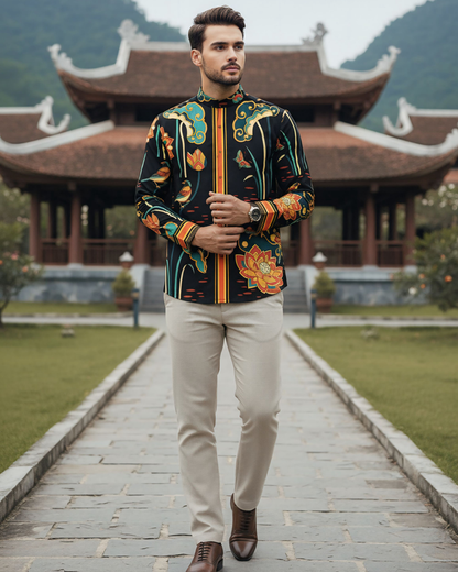 Áo Sơ Mi Nam Lụa Cổ Điển 1870 / Cố Đô Liên Hoạ Đen & Da Cam