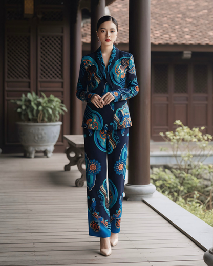 Bộ Vest Lụa / Họa tiết Hương Vân Long Mộng Xanh Lam Đậm