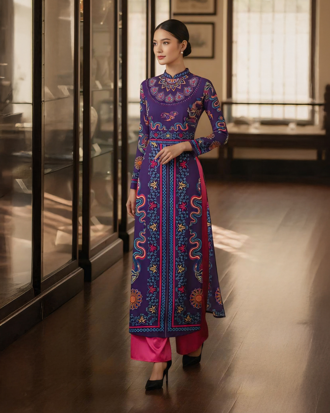 Áo Dài Lụa Truyền Thống / Hoạ tiết Phụng Vũ Vân Ca Tím