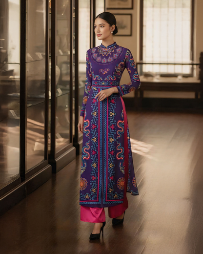 Áo Dài Lụa Truyền Thống / Hoạ tiết Phụng Vũ Vân Ca Tím