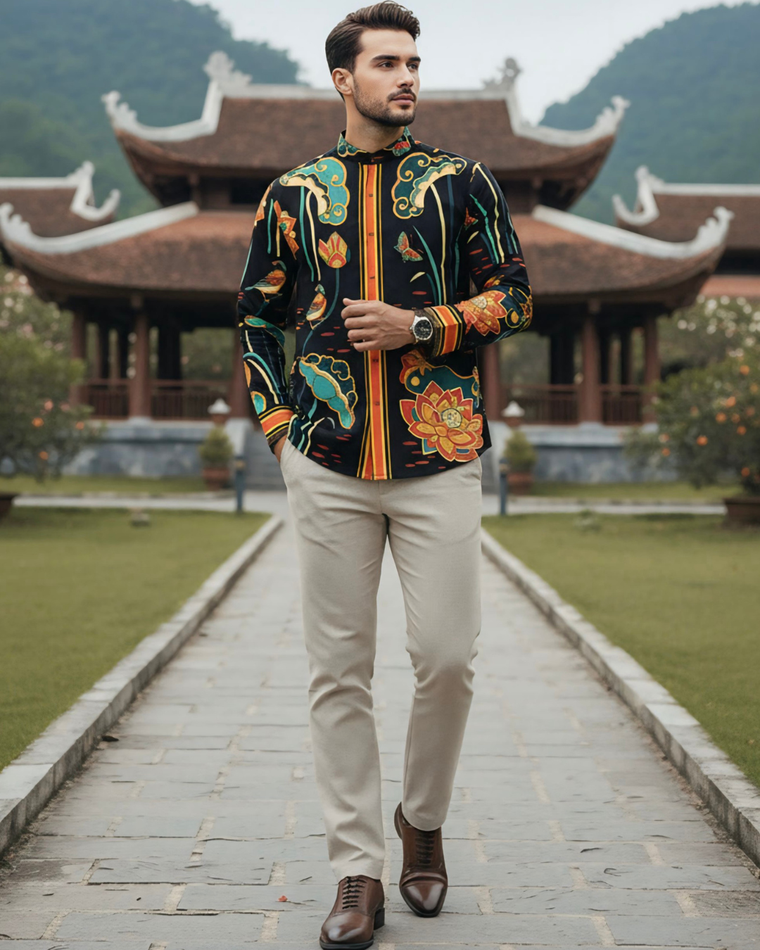 Áo Sơ Mi Nam Lụa Cổ Điển 1870 / Cố Đô Liên Hoạ Đen & Da Cam