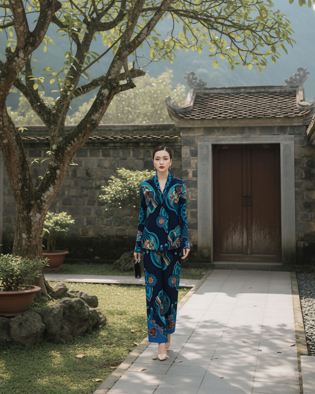 Bộ Vest Lụa / Họa tiết Hương Vân Long Mộng Xanh Lam Đậm