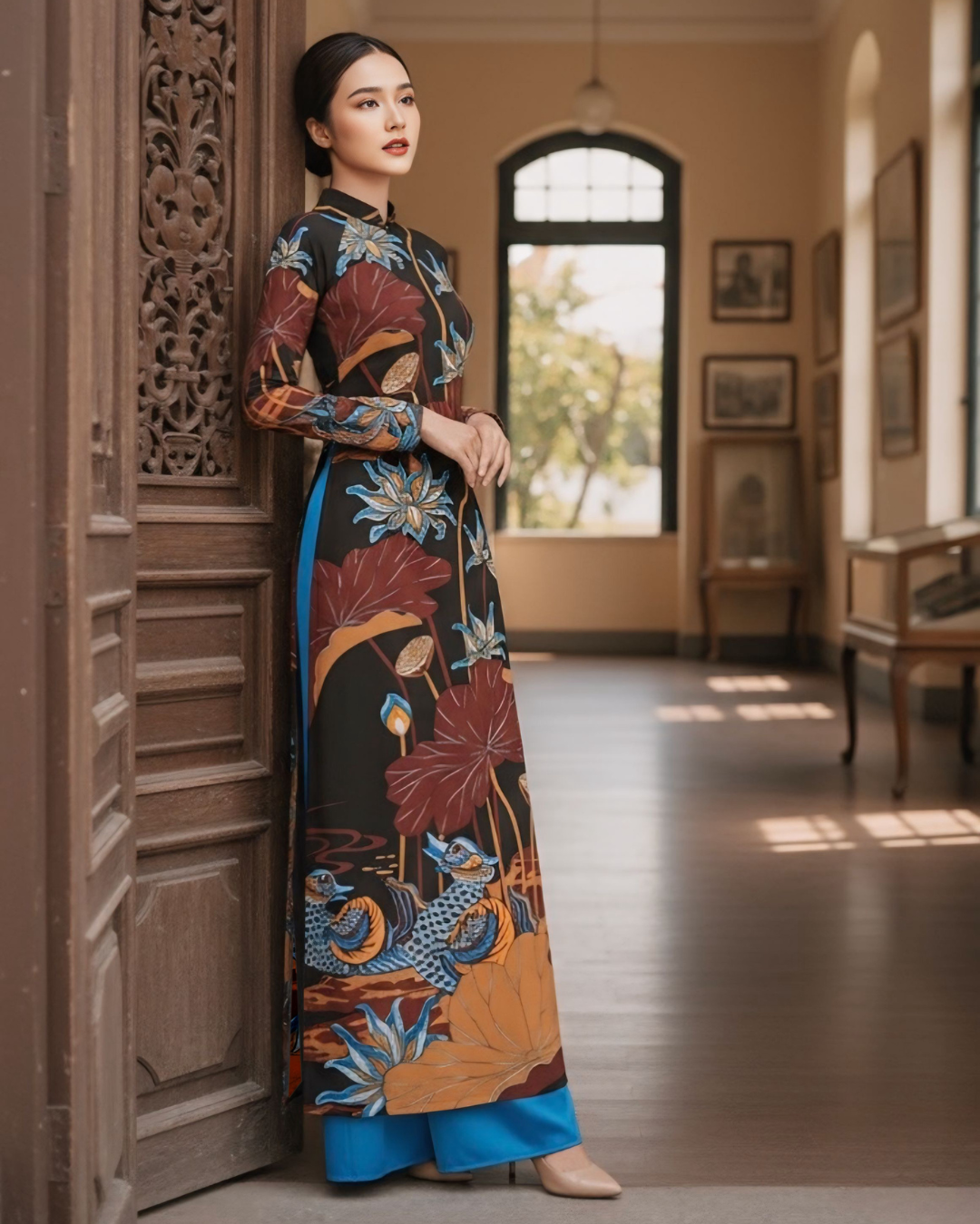 Áo Dài Lụa Truyền Thống / Họa tiết Uyên Ương Liên Hạ Nâu & Da Cam