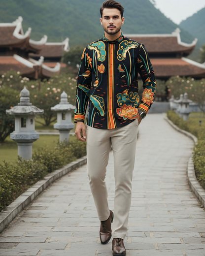 Áo Sơ Mi Nam Lụa Cổ Điển 1870 / Cố Đô Liên Hoạ Đen & Da Cam