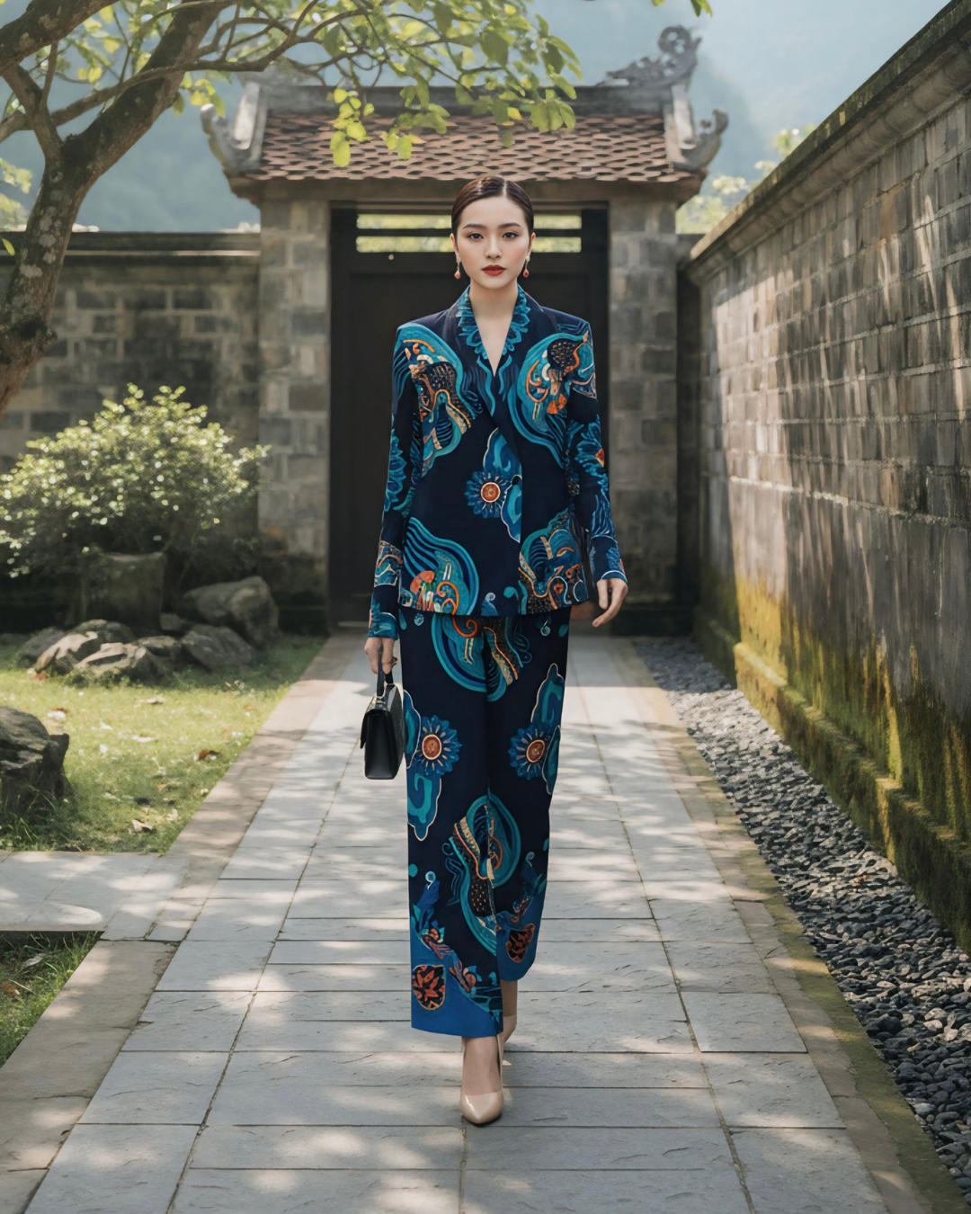 Bộ Vest Lụa / Họa tiết Hương Vân Long Mộng Xanh Lam Đậm