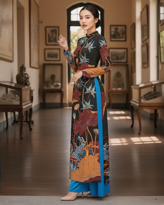 Áo Dài Lụa Truyền Thống / Họa tiết Uyên Ương Liên Hạ Nâu & Da Cam