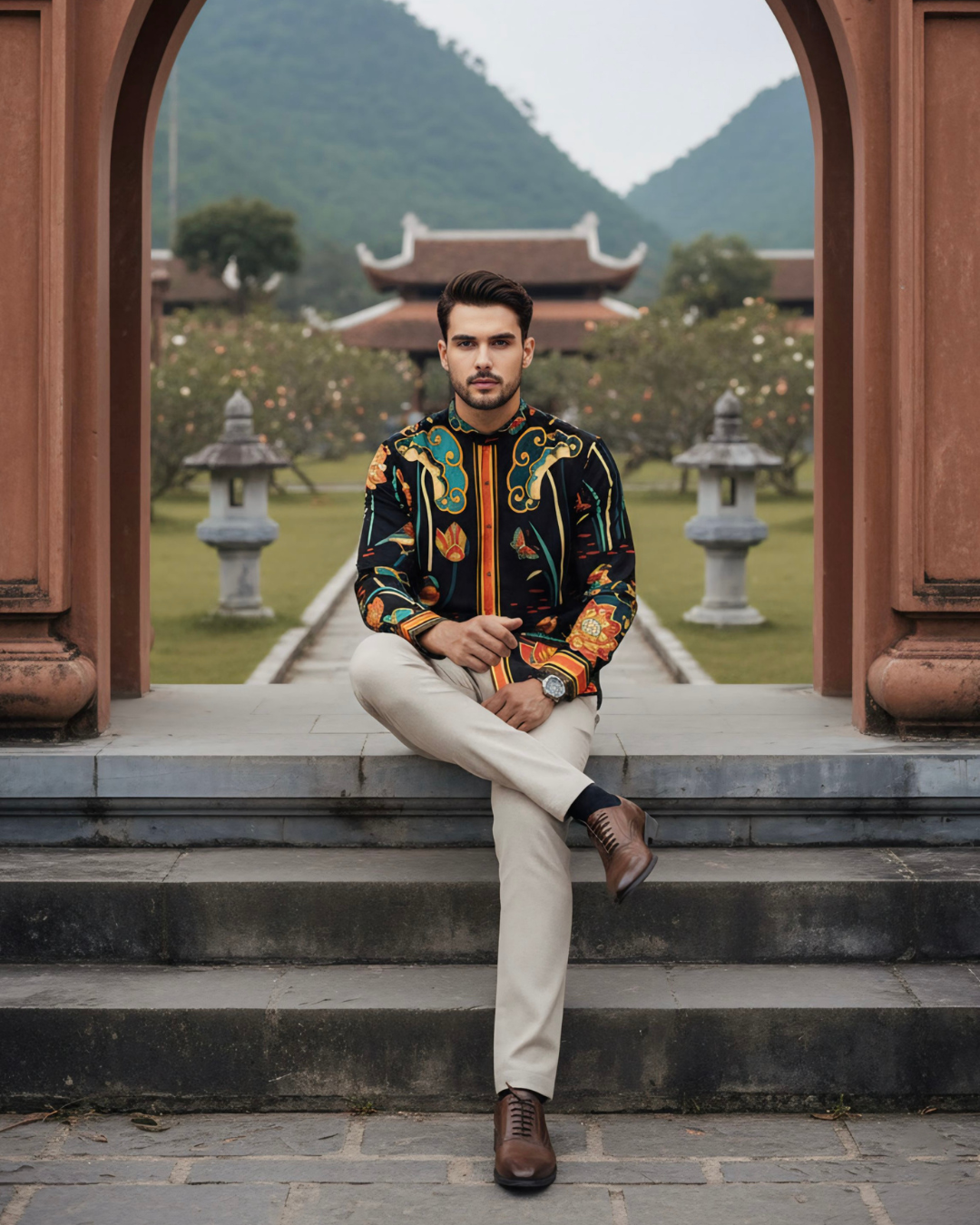 Áo Sơ Mi Nam Lụa Cổ Điển 1870 / Cố Đô Liên Hoạ Đen & Da Cam