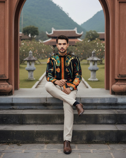 Áo Sơ Mi Nam Lụa Cổ Điển 1870 / Cố Đô Liên Hoạ Đen & Da Cam