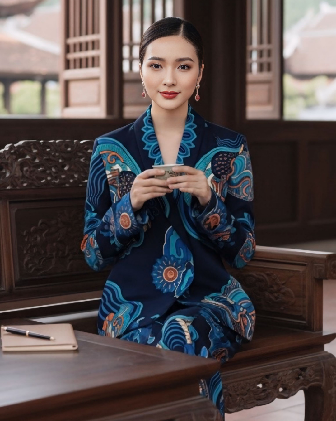 Bộ Vest Lụa / Họa tiết Hương Vân Long Mộng Xanh Lam Đậm