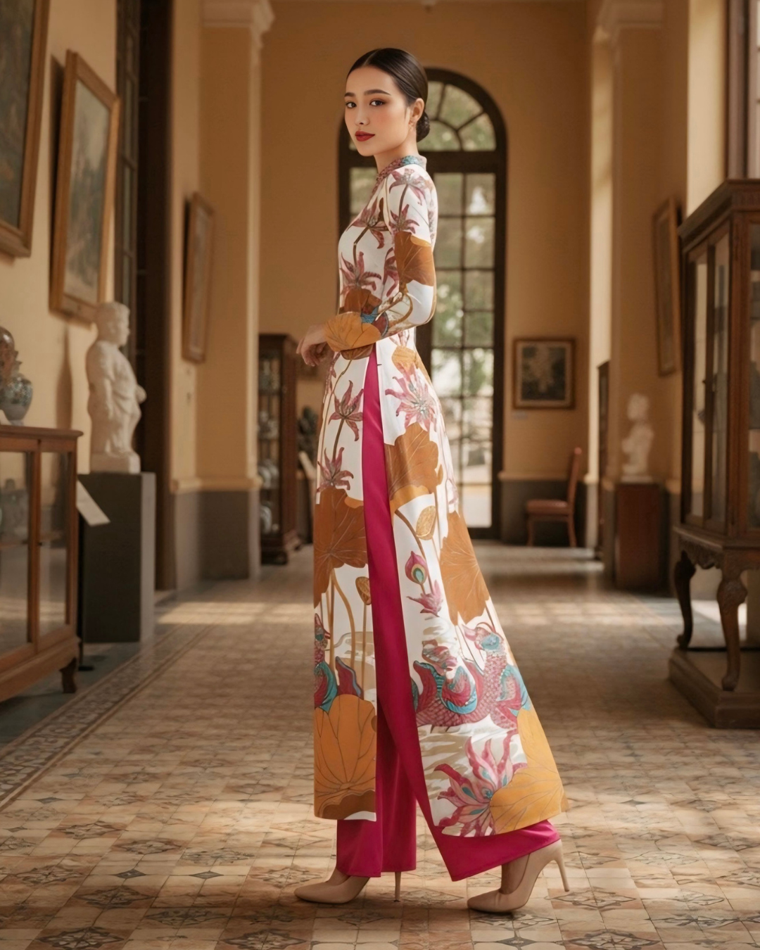 Áo Dài Lụa Truyền Thống / Họa tiết Uyên Ương Liên Hạ Be & Nâu