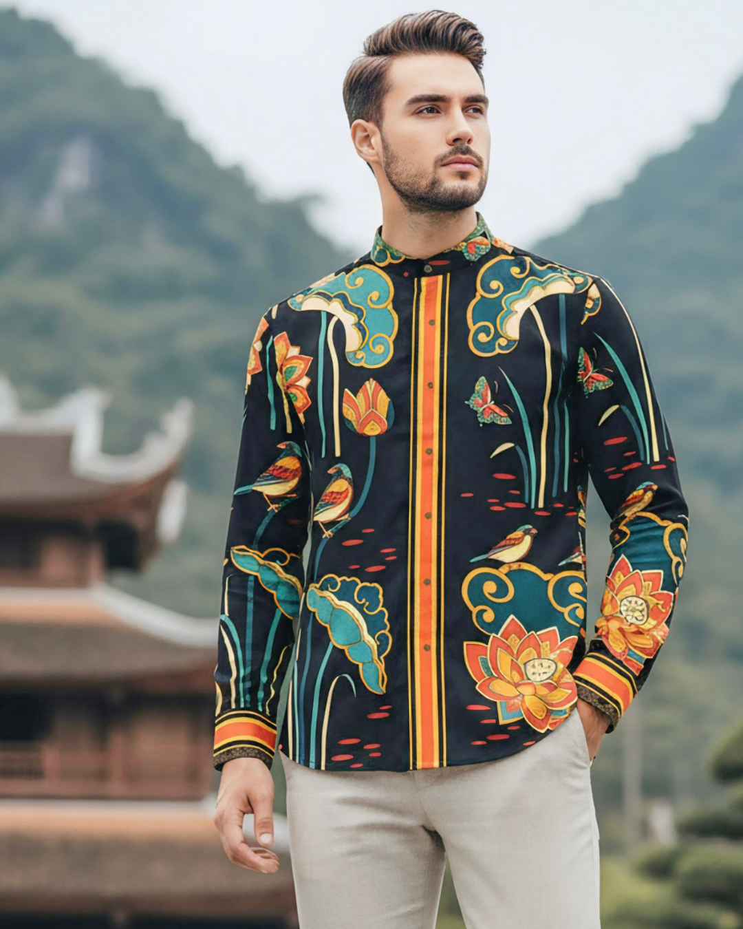 Áo Sơ Mi Nam Lụa Cổ Điển 1870 / Cố Đô Liên Hoạ Đen & Da Cam