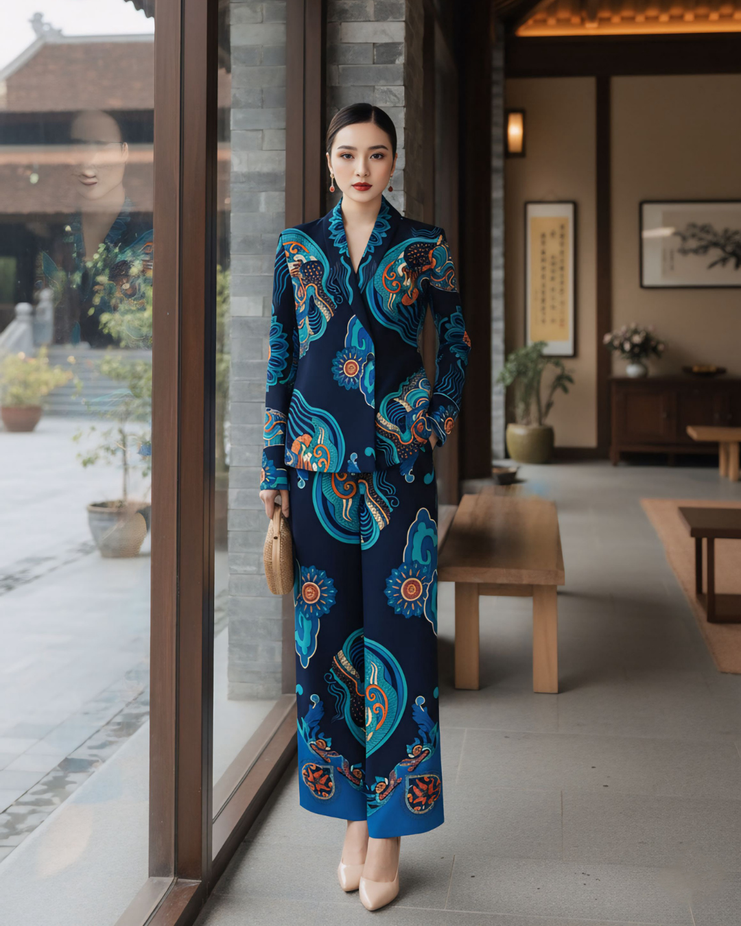 Bộ Vest Lụa / Họa tiết Hương Vân Long Mộng Xanh Lam Đậm