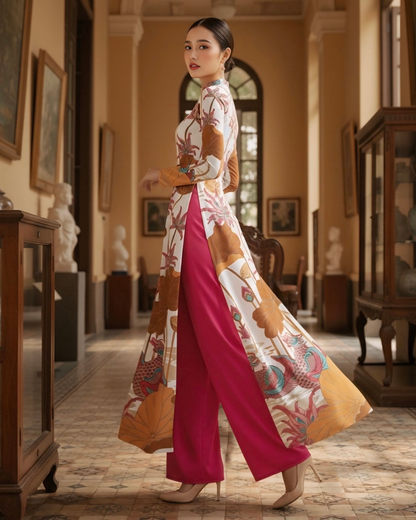 Áo Dài Lụa Truyền Thống / Họa tiết Uyên Ương Liên Hạ Be & Nâu