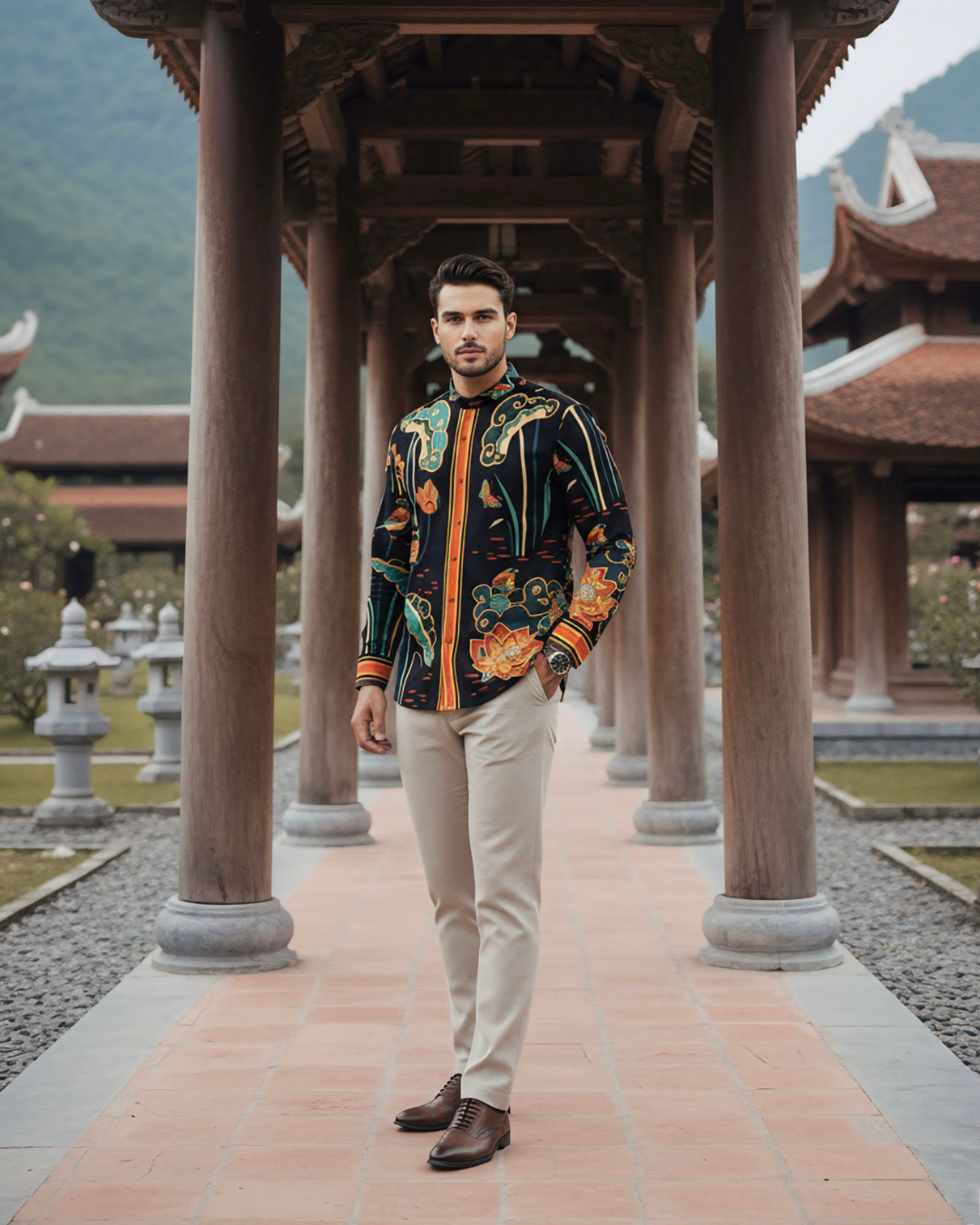 Áo Sơ Mi Nam Lụa Cổ Điển 1870 / Cố Đô Liên Hoạ Đen & Da Cam