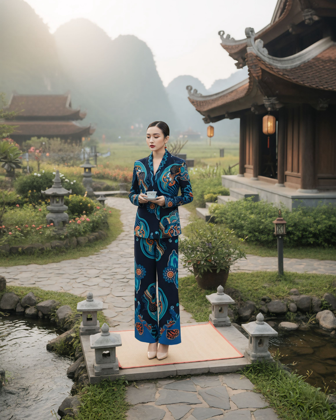 Bộ Vest Lụa / Họa tiết Hương Vân Long Mộng Xanh Lam Đậm