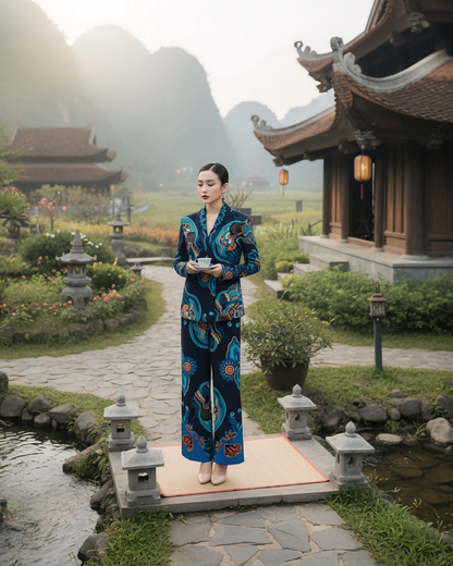 Bộ Vest Lụa / Họa tiết Hương Vân Long Mộng Xanh Lam Đậm