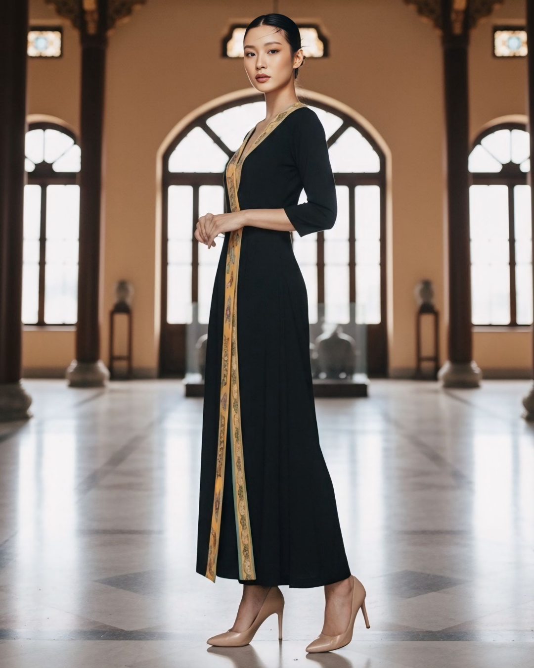 Đầm Quấn Lụa / Họa tiết Lụa Trơn Đen & Twilly Mây Hoạ Long Ân Vàng