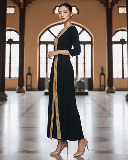 Đầm Quấn Lụa / Họa tiết Lụa Trơn Đen & Twilly Mây Hoạ Long Ân Vàng