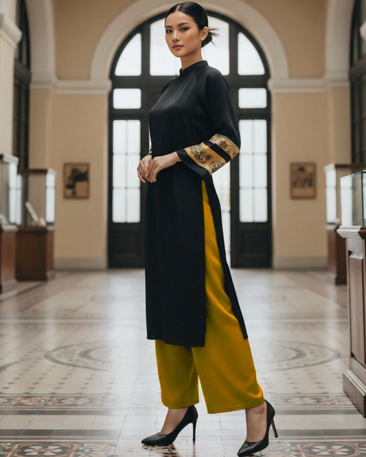 Áo Dài Lụa Tay Loa / Họa tiết Lụa Trơn Đen Vàng & Twilly Mây Hoạ Long Ân Vàng