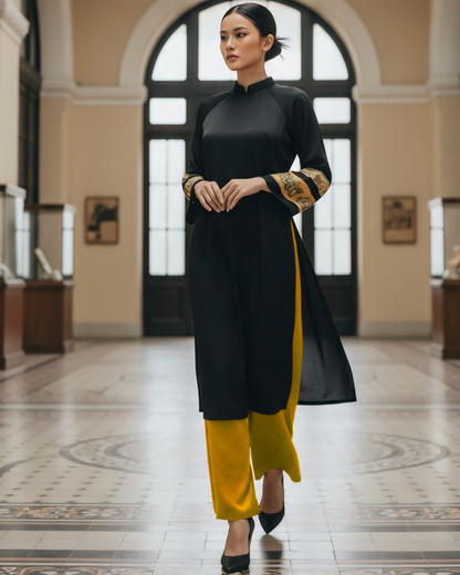 Áo Dài Lụa Tay Loa / Họa tiết Lụa Trơn Đen Vàng & Twilly Mây Hoạ Long Ân Vàng