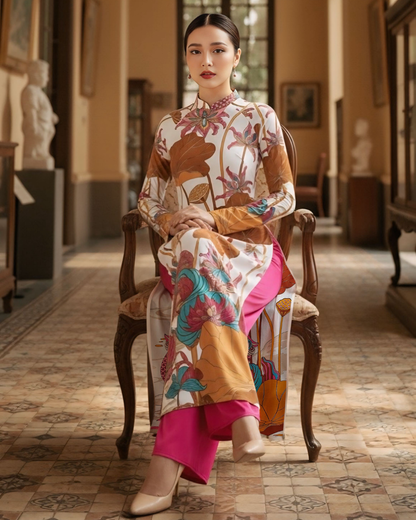 Áo Dài Lụa Truyền Thống / Họa tiết Uyên Ương Liên Hạ Be & Nâu