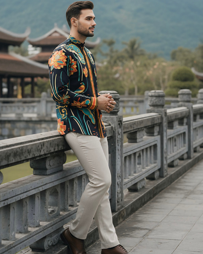 Áo Sơ Mi Nam Lụa Cổ Điển 1870 / Cố Đô Liên Hoạ Đen & Da Cam