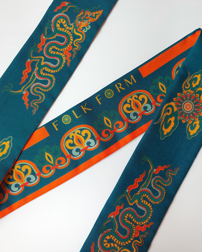 Quà Tặng Cao Cấp / Khăn Twilly Lụa Hương Vân Long Mộng / Xanh Cổ Vịt & Da Cam / 6cm x 150cm