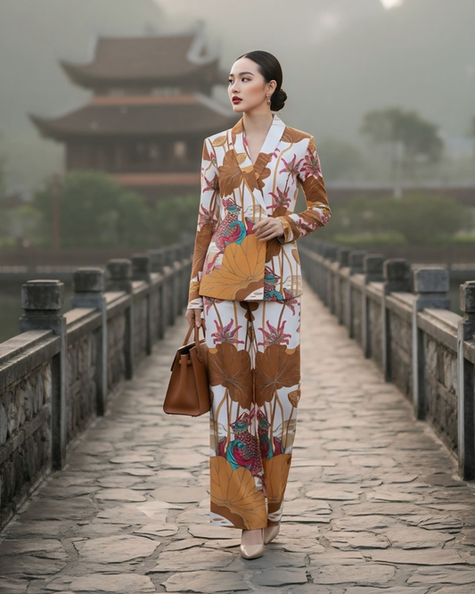 Bộ Vest Lụa / Họa tiết Uyên Ương Liên Hạ Be & Nâu