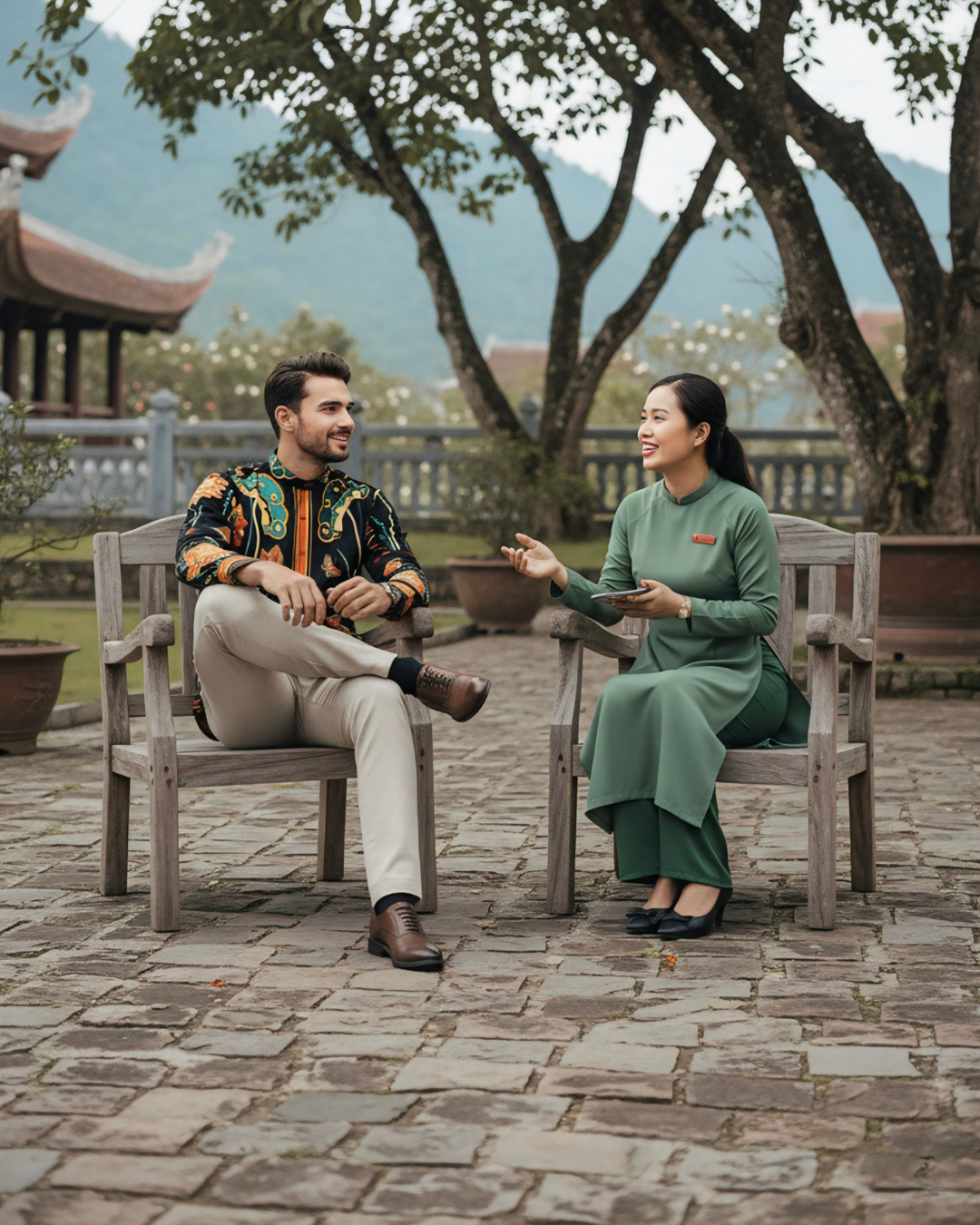 Áo Sơ Mi Nam Lụa Cổ Điển 1870 / Cố Đô Liên Hoạ Đen & Da Cam