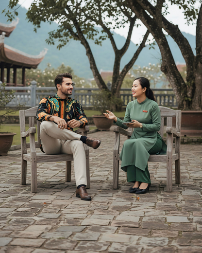 Áo Sơ Mi Nam Lụa Cổ Điển 1870 / Cố Đô Liên Hoạ Đen & Da Cam