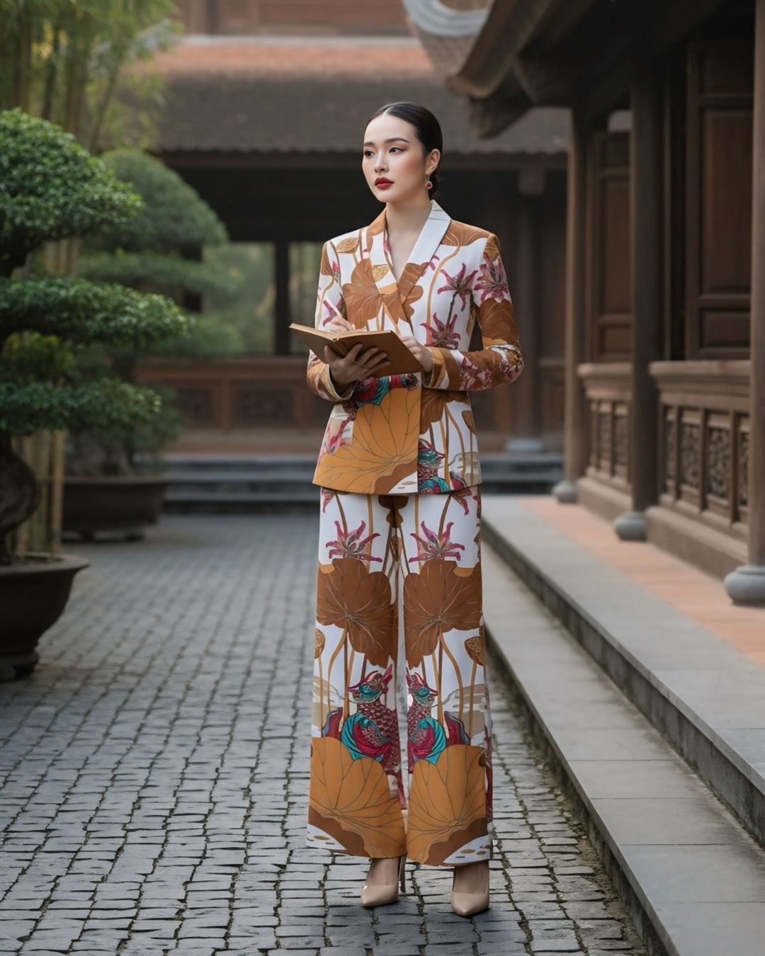 Bộ Vest Lụa / Họa tiết Uyên Ương Liên Hạ Be & Nâu