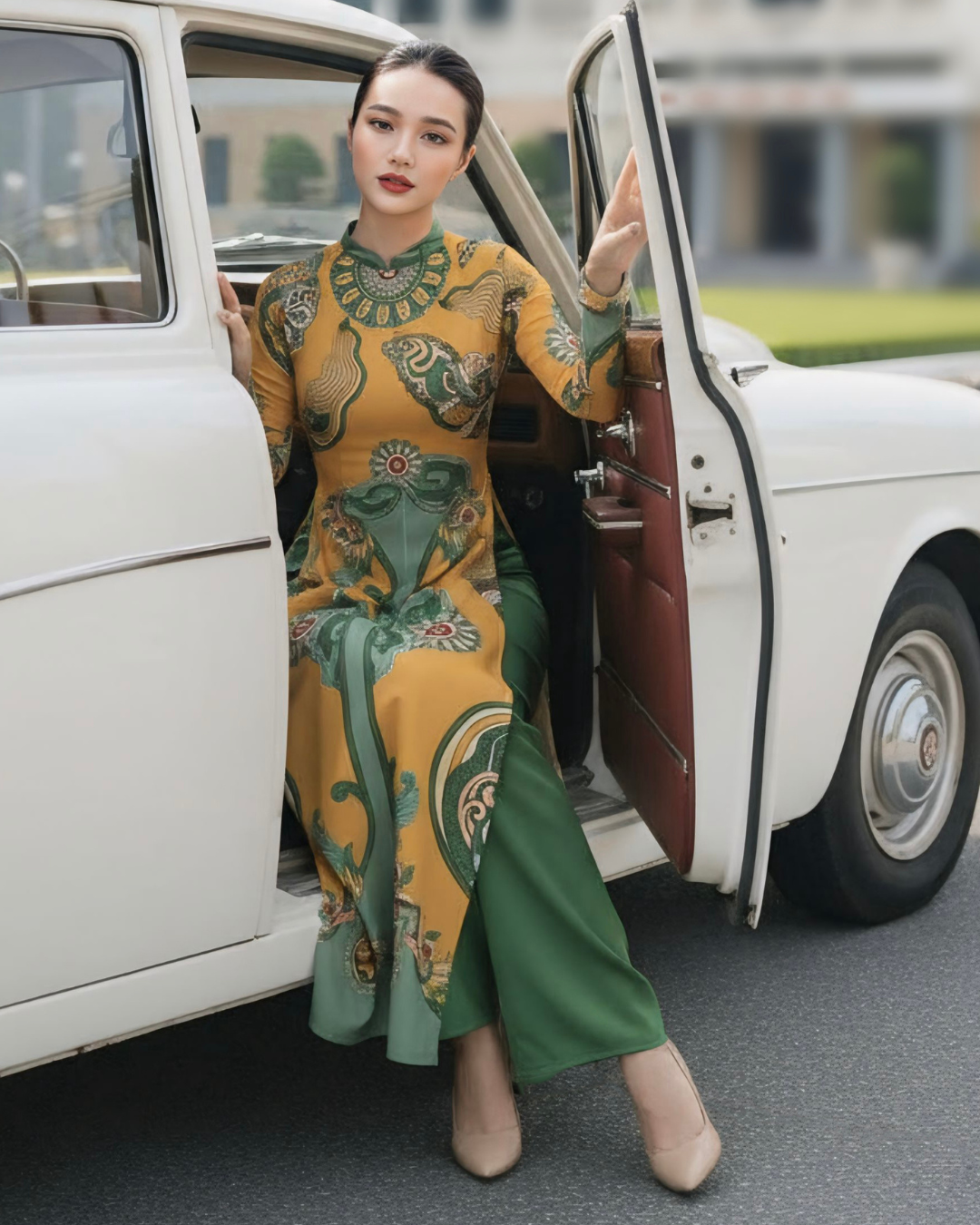 Áo Dài Lụa Truyền Thống / Họa tiết Hương Vân Long Mộng Xanh Lá & Vàng