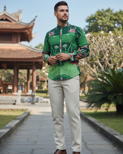 Áo Sơ Mi Nam Lụa Cổ Điển 1870 / Uyên Ương Liên Hạ Xanh Lá & Hồng