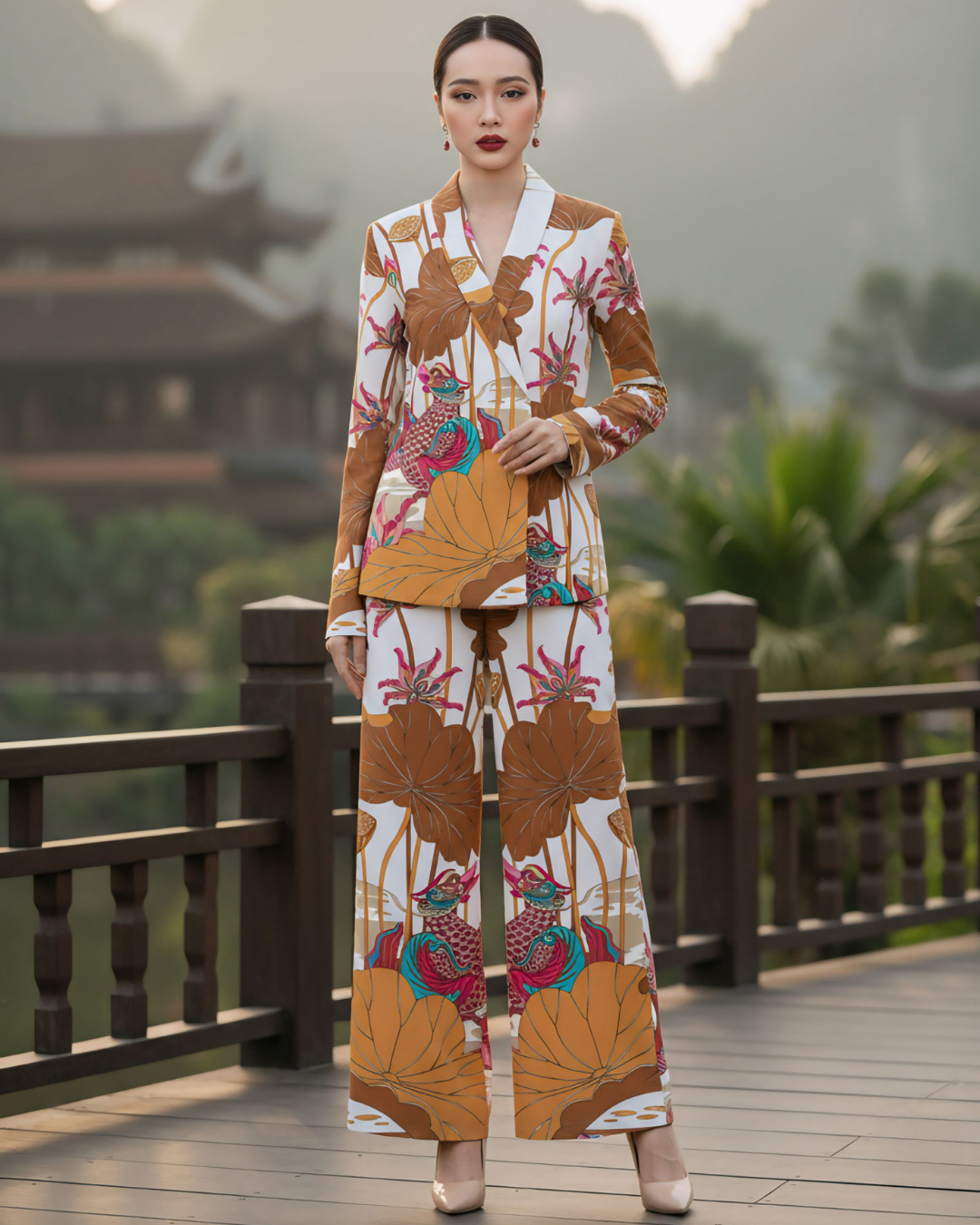 Bộ Vest Lụa / Họa tiết Uyên Ương Liên Hạ Be & Nâu