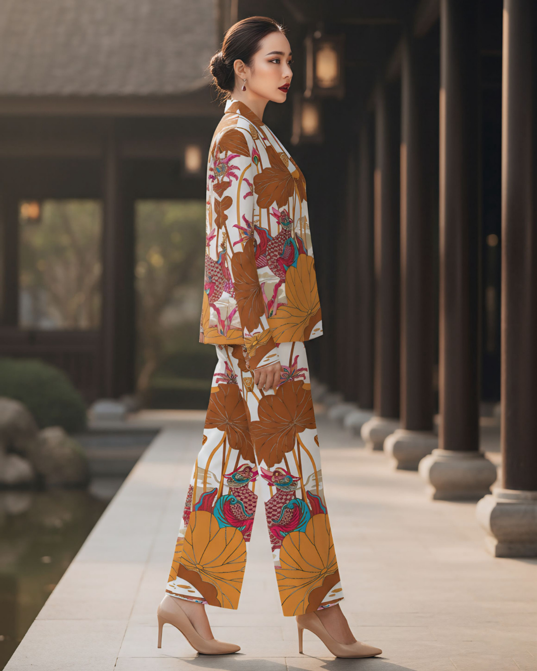 Bộ Vest Lụa / Họa tiết Uyên Ương Liên Hạ Be & Nâu