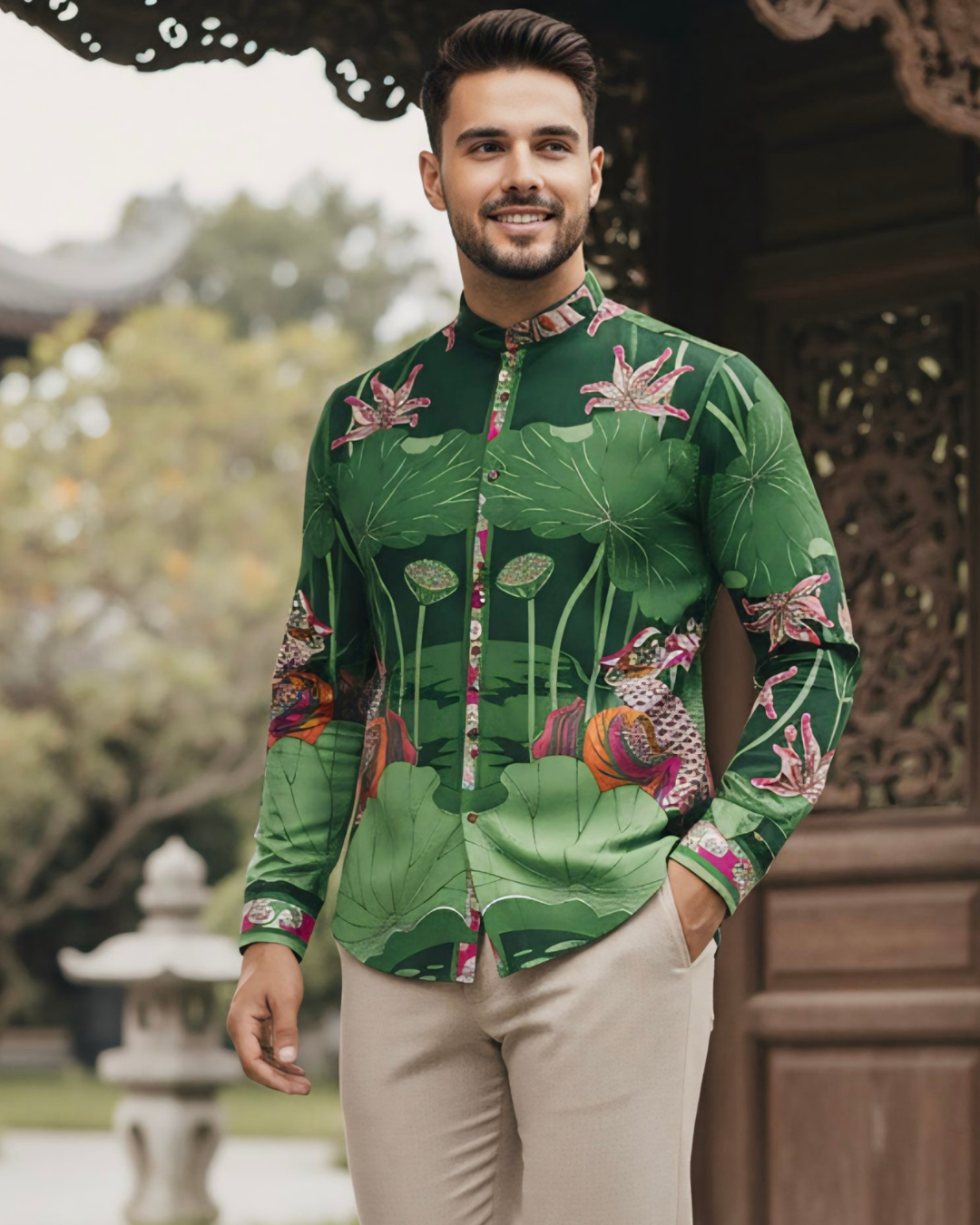 Áo Sơ Mi Nam Lụa Cổ Điển 1870 / Uyên Ương Liên Hạ Xanh Lá & Hồng